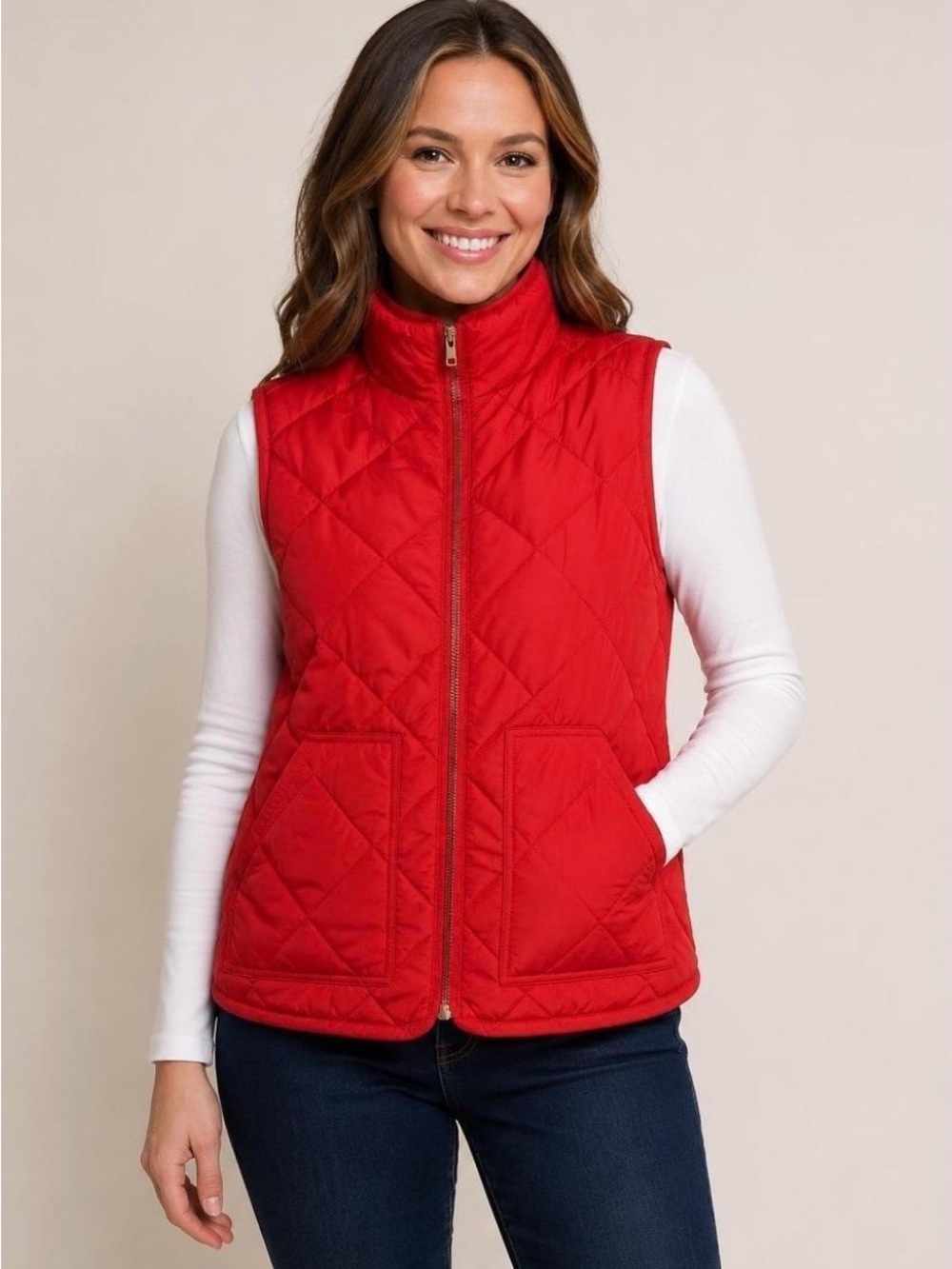 J.Crew Womens Excursion Quilted Down Full Zip Sleeveless Red Vest - Size S